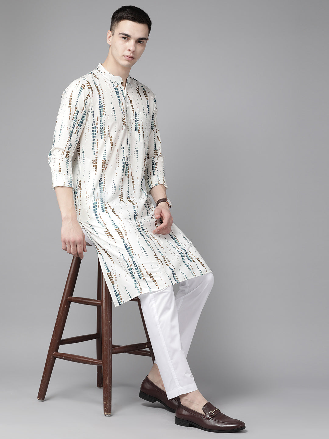 Riwaat.com Men White Multi Tie and Dye Print Design Straight Kurta Riwaat Printed