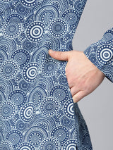 Riwaat.com Men Blue Indigo Hand Block Print Straight Sustainable Kurta Riwaat Printed