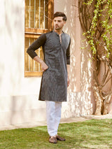 Men Black Cotton Pintex Design Multi Thread Work Kurta With Pajama