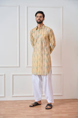 Riwaat.com Yellow Regular Pure Cotton Pathani Kurta Riwaat Floral Haldi Pathani