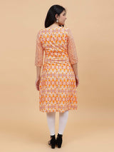 Women Coral And White Color Printed Yoke Design Cotton Kurti