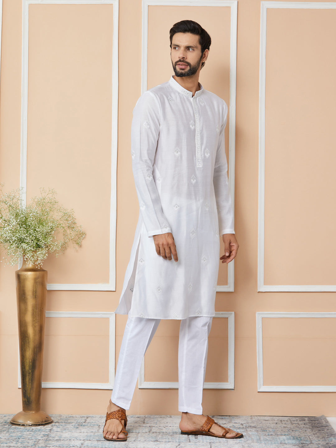 White Embroidered Pure Chanderi Silk Straight Kurta
