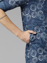 Men Indigo Regular Pure Cotton Pathani Printed Men's Kurta