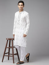 Men White & Black Pure Cotton Embroidered Straight Kurta With Pajama