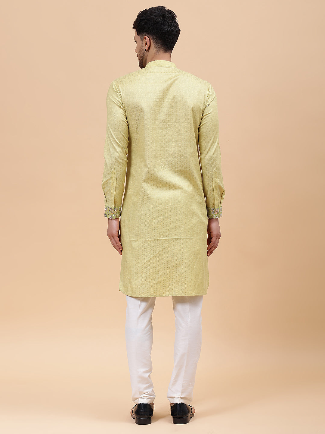 Men Gold & Green Silk Woven Design Straight Kurta With pyjama