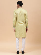 Men Gold & Green Silk Woven Design Straight Kurta With pyjama