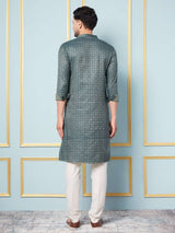 Men Blue & Green Woven Design Thread Work Kurta With Pajama