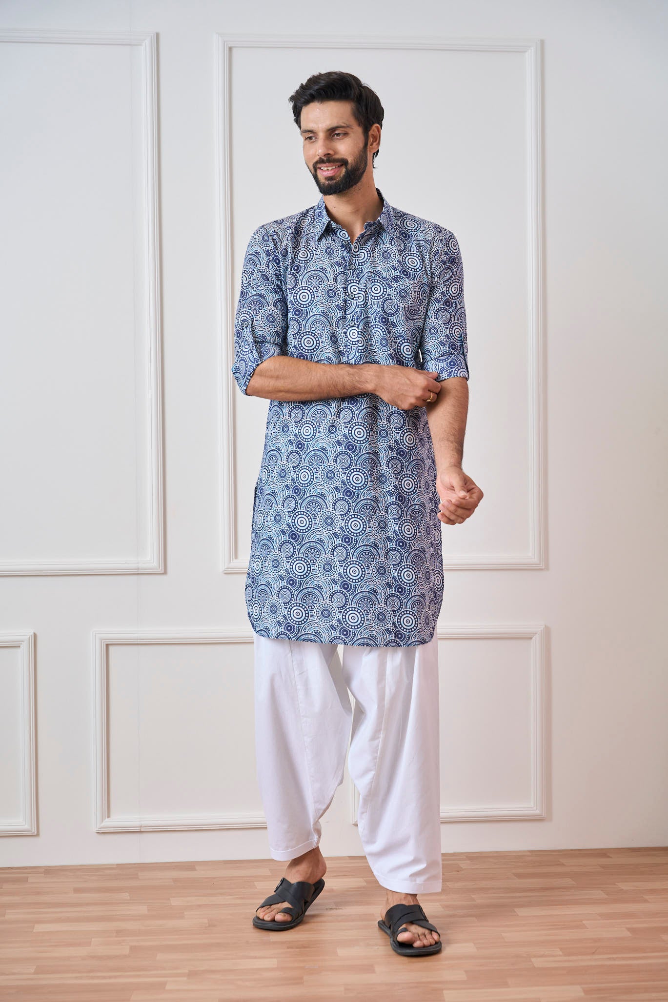 Riwaat.com Men Blue Regular Pure Cotton Pathani Kurta Riwaat Floral Pathani