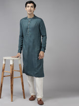 Men Teal & Beige Toned Woven Design Thread Work Kurta