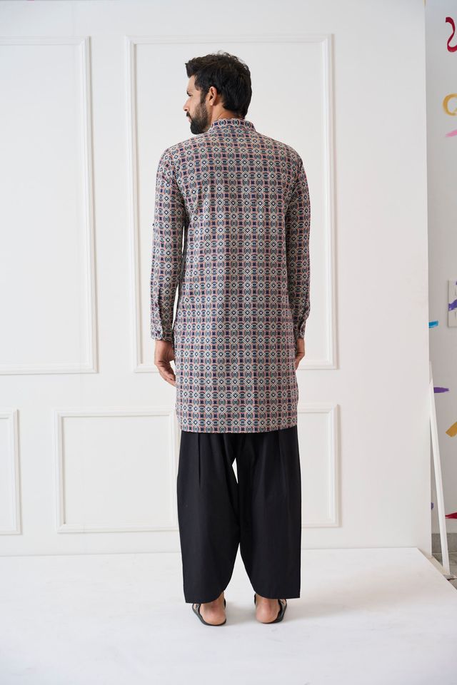Men Blue Regular Pure Cotton Pathani Kurta With Black Salwar