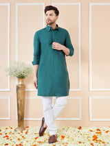 Men Green Cotton Solid Pathani Kurta