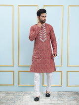 Riwaat.com Men Red & White Embroidery Cotton Kurta Riwaat Embroidered