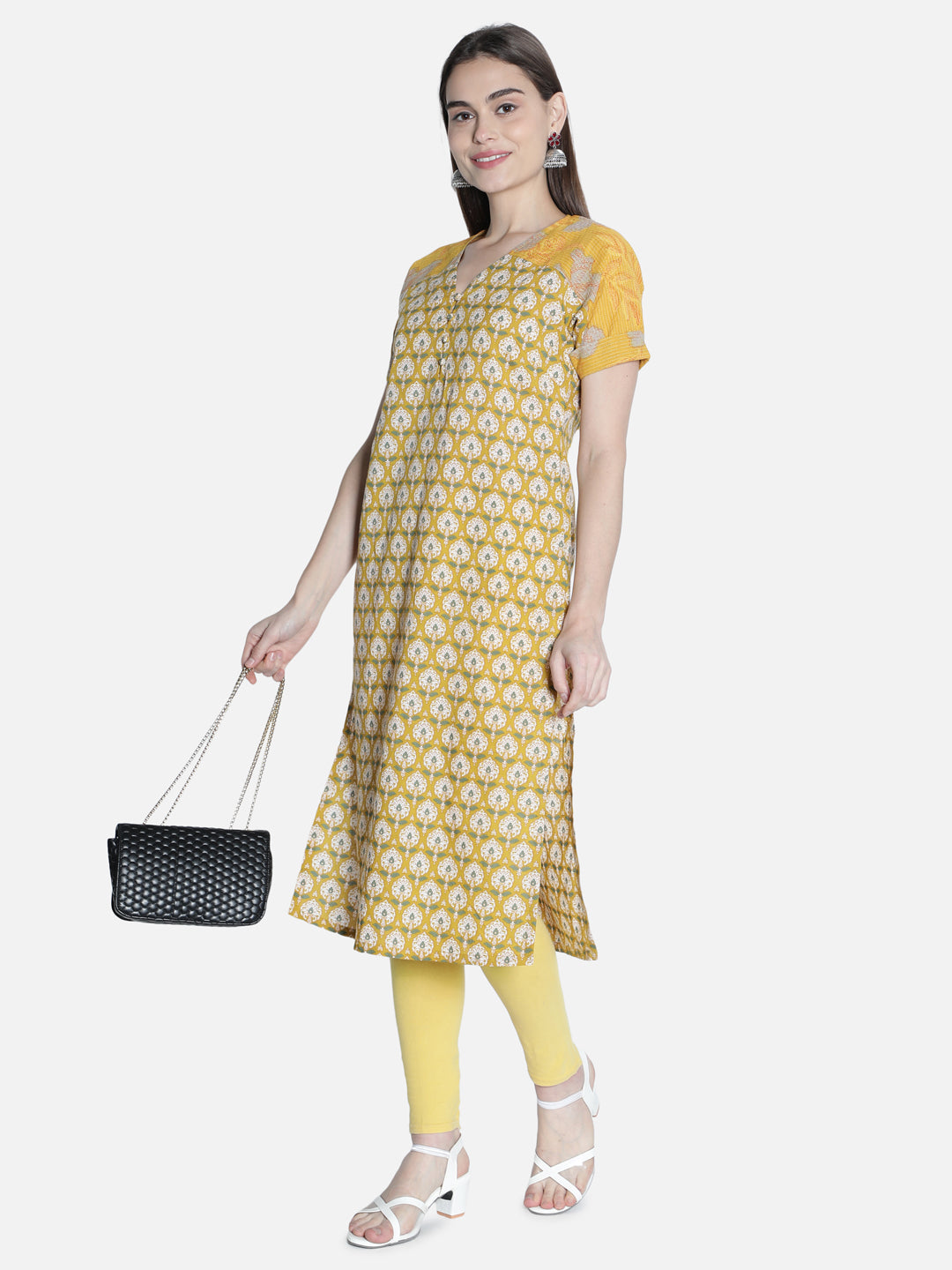 Women Mustard And Off White Printed Straight Cut Kurti