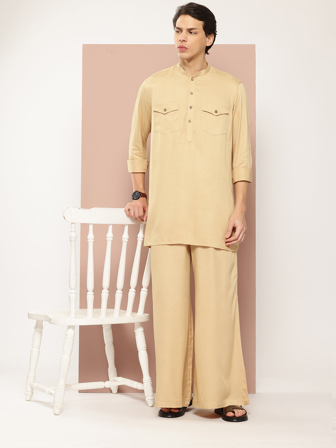 Men Beige Rayon Solid Pathani Sets