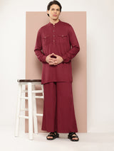 Men Maroon Rayon Solid Pathani Sets