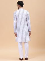 Men White & Blue Pure Cotton Embroidered Straight Kurta With pyjama
