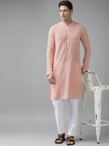 Men Pink Cotton Straight Kurta with Slub Effect With Pajama