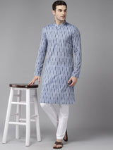 Men Blue with Dark Blue Stripes Pure Cotton Printed Straight Kurta With Pajama