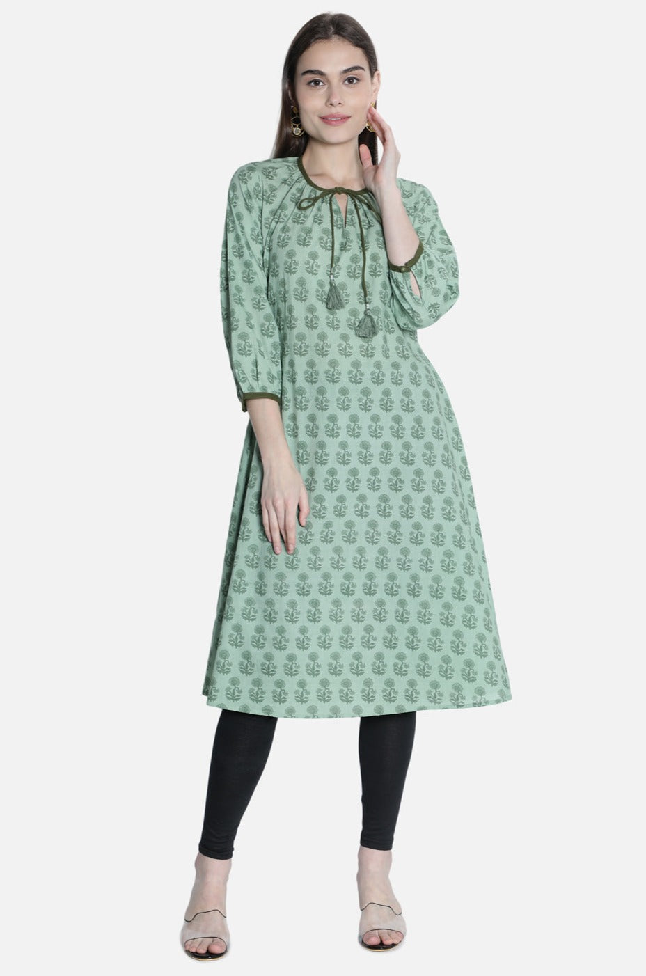 Women Printed Green Floral A-Line Dress