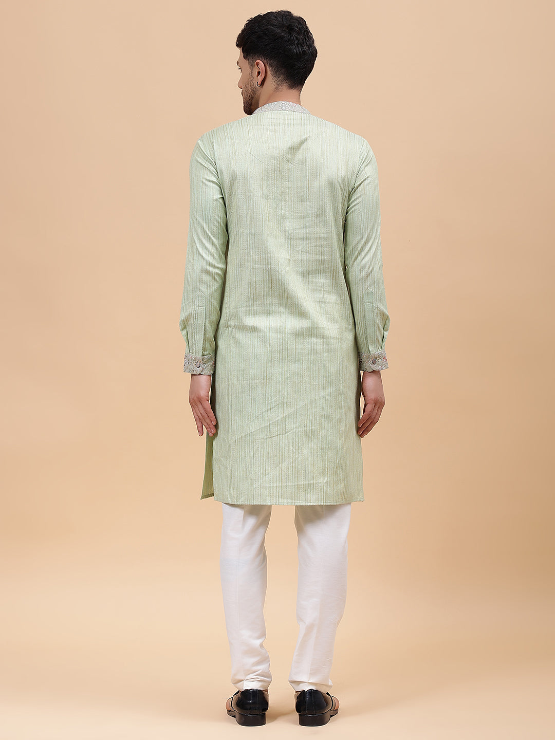 Men Lime Green & Grey Silk Woven Design Straight Kurta With pyjama