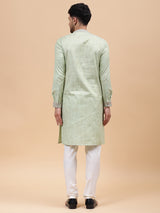 Men Lime Green & Grey Silk Woven Design Straight Kurta With pyjama