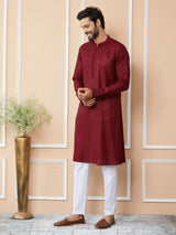 Men Dark Maroon Embroidered Thread Work Sequin Chanderi Silk Straight Kurta