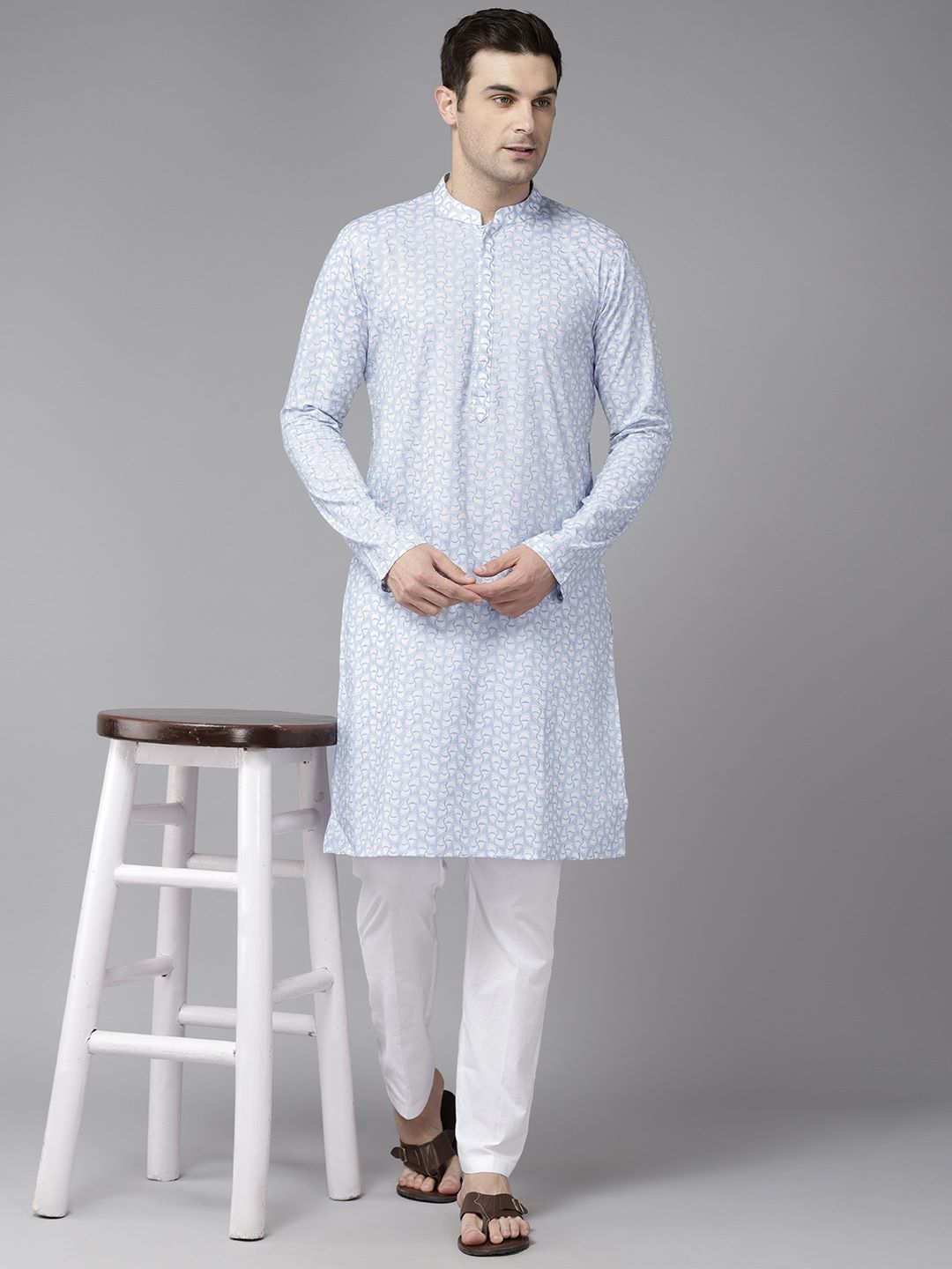 Men Light Blue with White Pattern Pure Cotton Embroidered Straight Kurta With Pajama