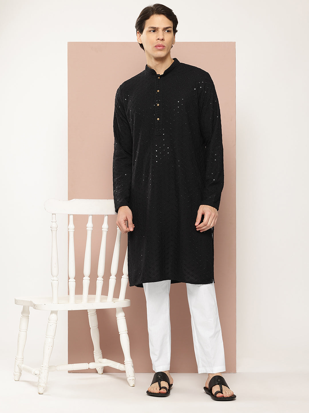 Men Black Embroidered Sequin Rayon Kurta