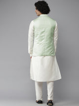 Riwaat.com Men Sap green & White Solid Kurta Pajama With Nehru Jacket Riwaat Indo Western Mehendi