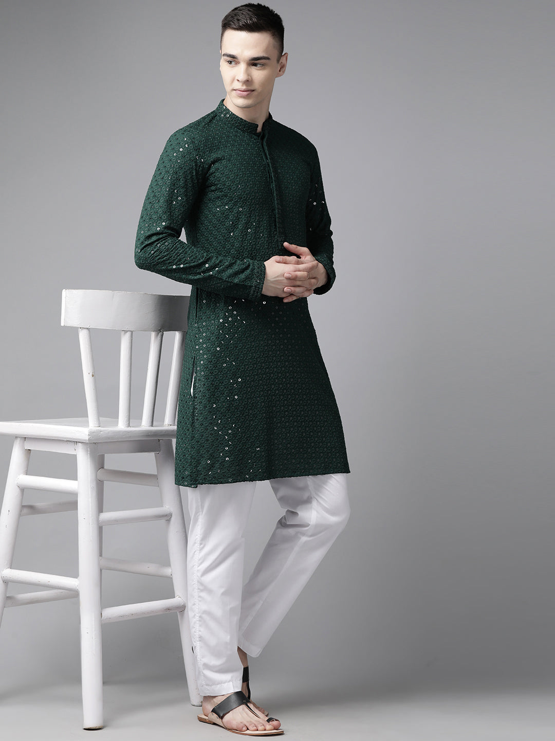 Men Bottle Green Floral Embroidered Sequined Rayon Kurta