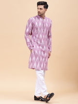 Men Lavender & White Pure Cotton Printed Straight Kurta With pyjama