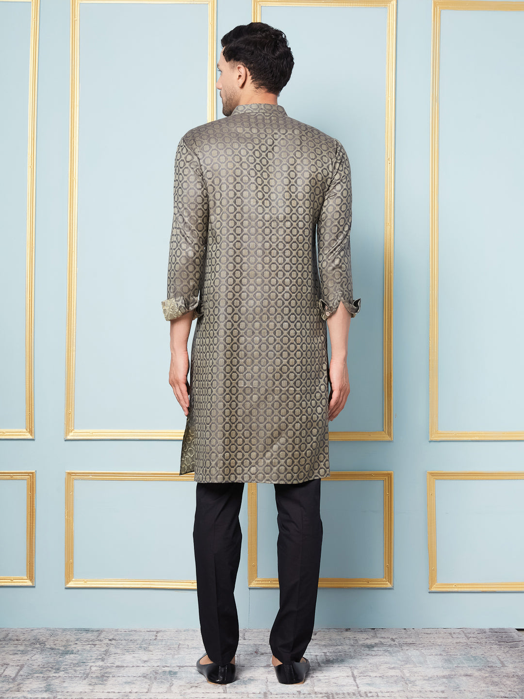 Men Charcoal & Green Woven Design Thread Work Kurta With pyjama