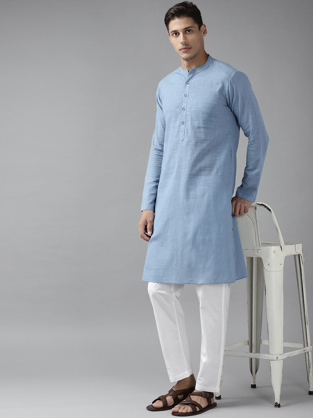 Men Sky Blue Cotton Straight Kurta with Slub Effect With Pajama