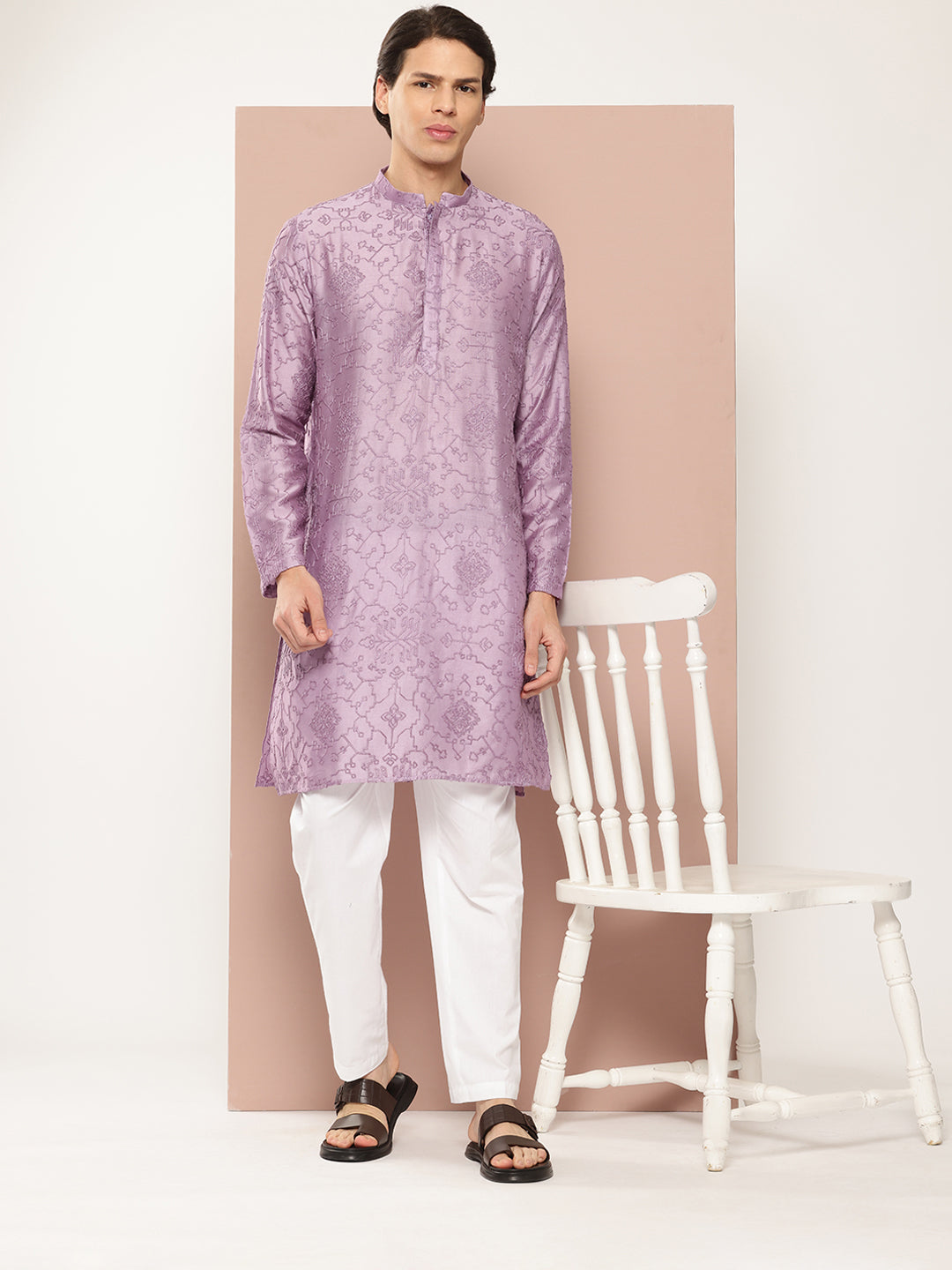 Men Lavender Embroidered Thread Work Chanderi Silk Straight Kurta