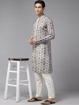 Men Multi Pure Cotton Embroidered Straight Kurta
