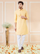Men Yellow Cotton Solid Pathani Kurta