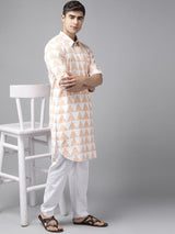 Men White Regular Pure Cotton Pathani Printed Men's Kurta With White Salwar
