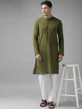 Men Olive Green Cotton Straight Kurta with Slub Effect With Pajama