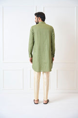 Men Olive Regular Pure Cotton Pathani Kurta With Gold Pyjama