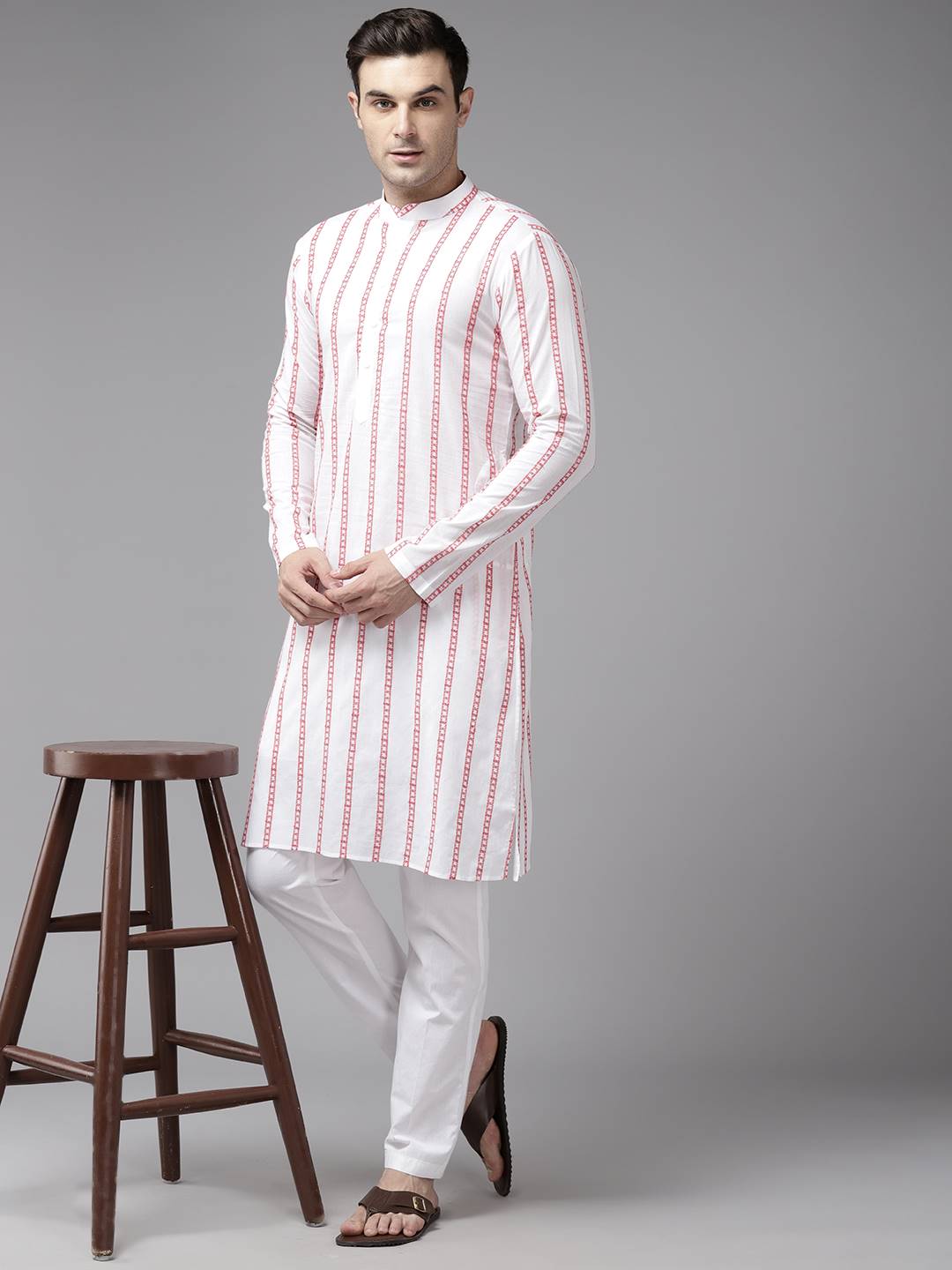 Men White & Pink Pure Cotton Embroidered Straight Kurta With Pajama