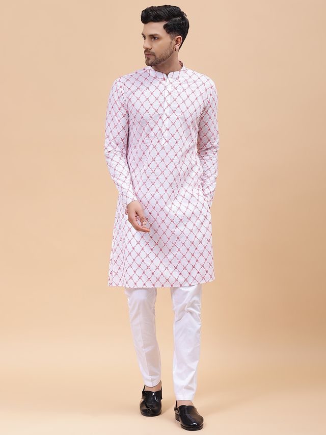 Men White & Orange Pure Cotton Embroidered Straight Kurta With pyjama