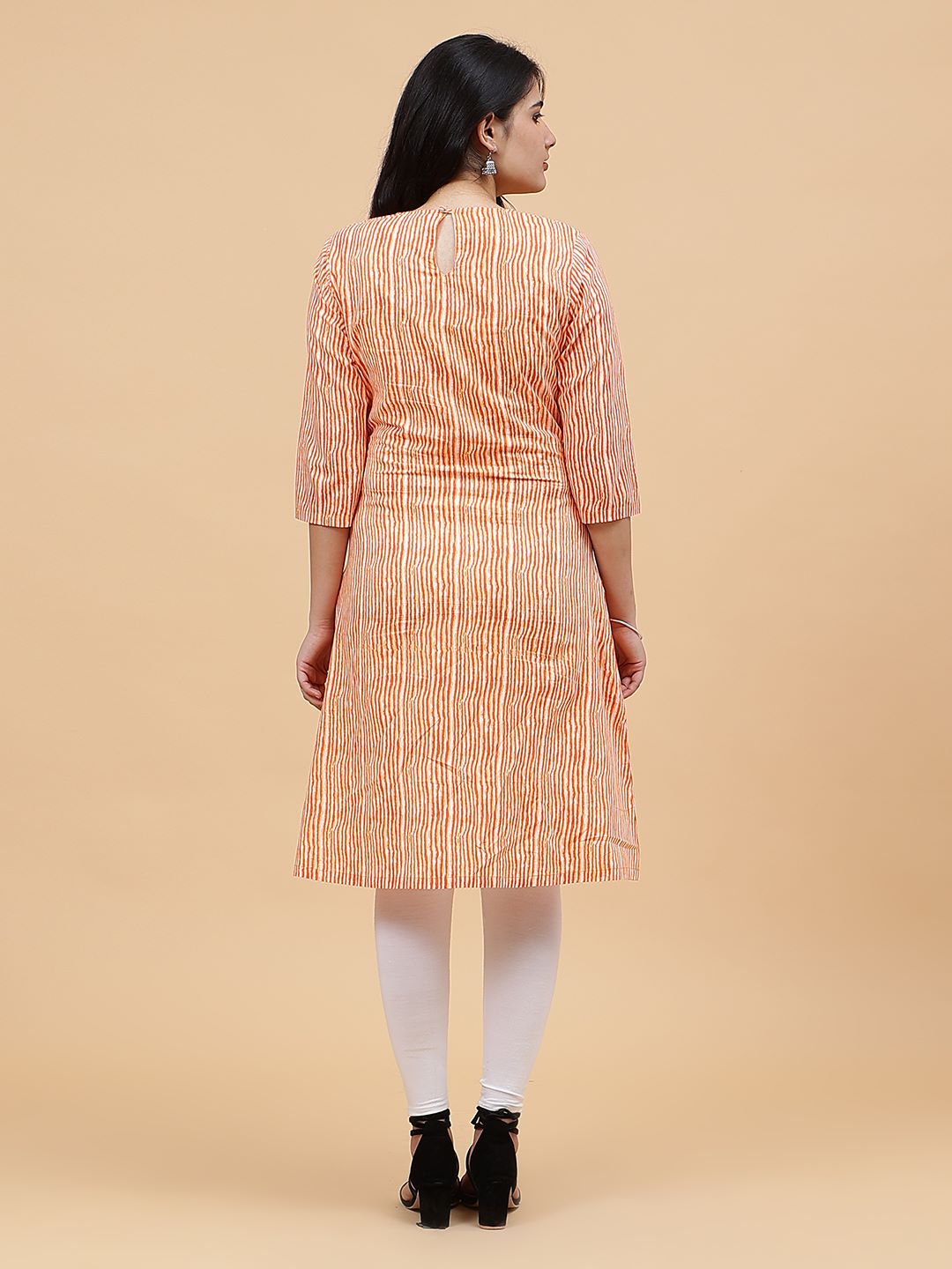 Women Orange And White Printed Cotton Kurti