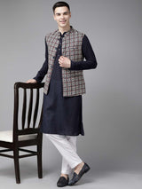 Men Blue & Maroon Printed Pure Cotton Kurta Pajama With Nehru Jacket