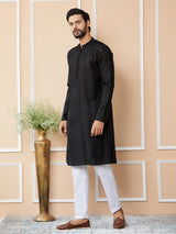Black Embroidered Thread Work Sequin Chanderi Silk Straight Kurta