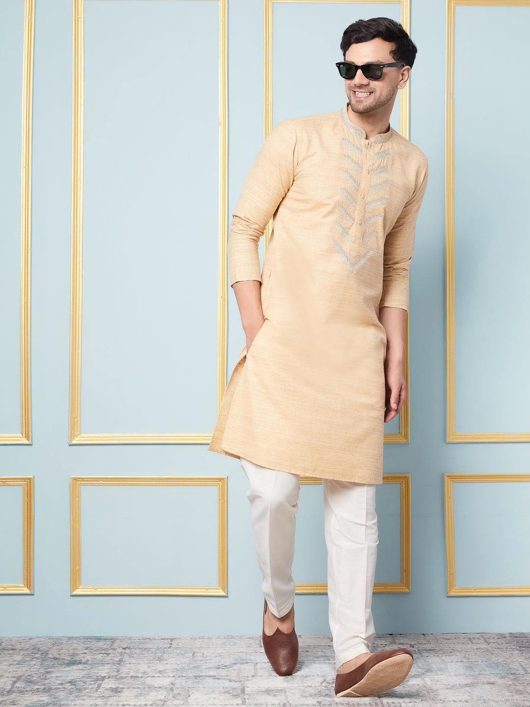 Riwaat.com Men Cream Embroidery Cotton Kurta Riwaat Cotton Embroidered