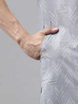 Men Light Grey Regular Pure Cotton Pathani Printed Men's Kurta