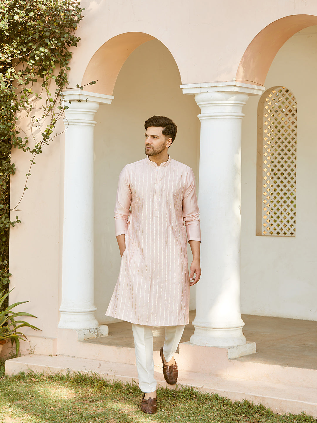 Men Pink And Gold Chanderi Silk Sequins Kurta