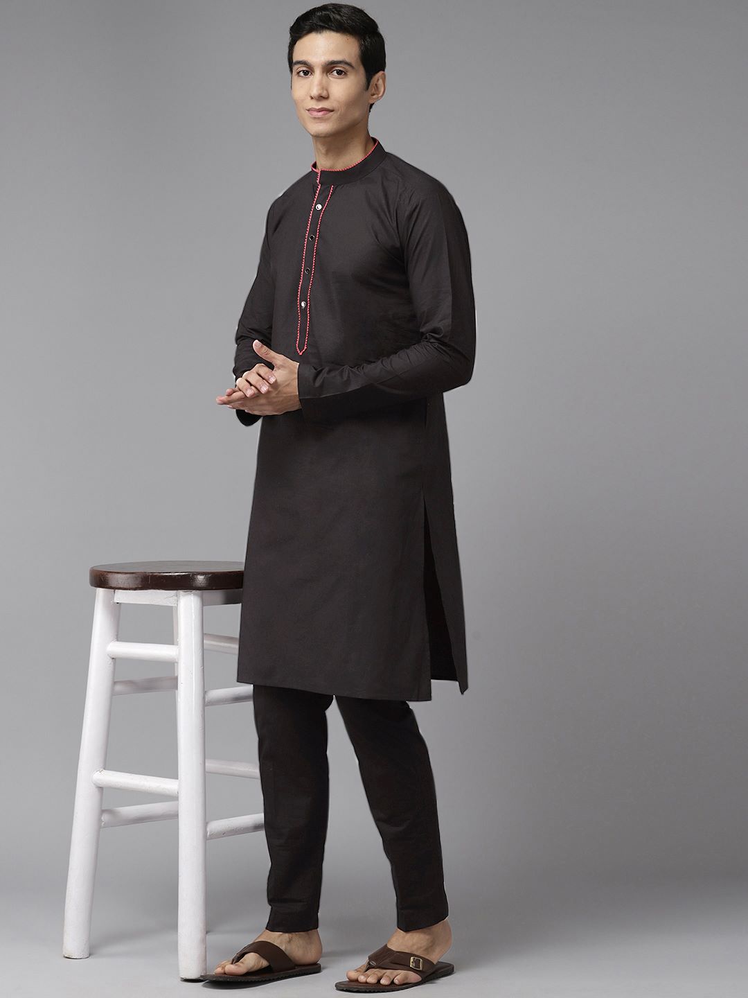 Men Black & Red Pure Cotton Embroidered Straight Kurta With Pajama