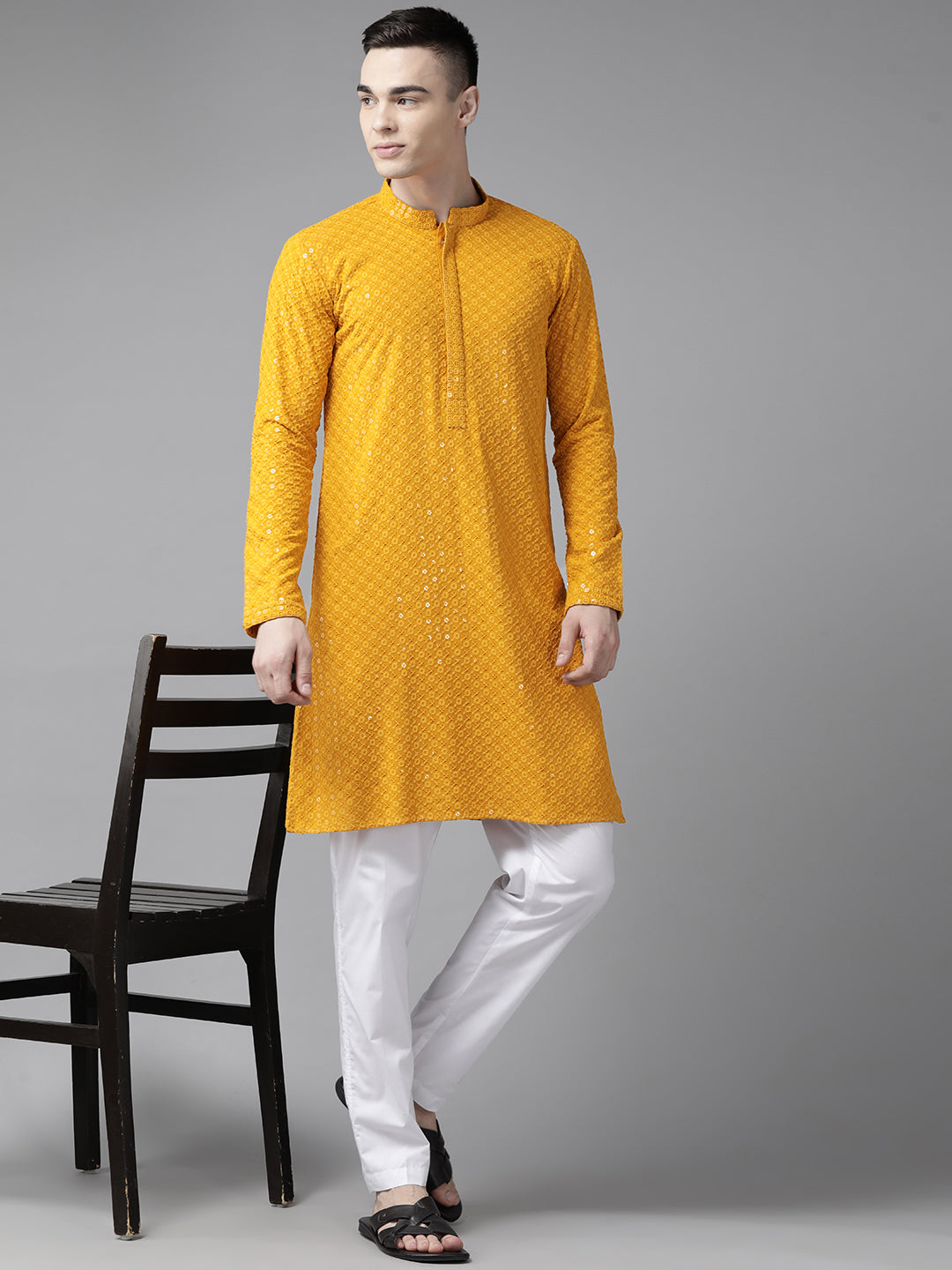 Men Mustard Floral Embroidered Sequins Rayon Kurta With pyjama