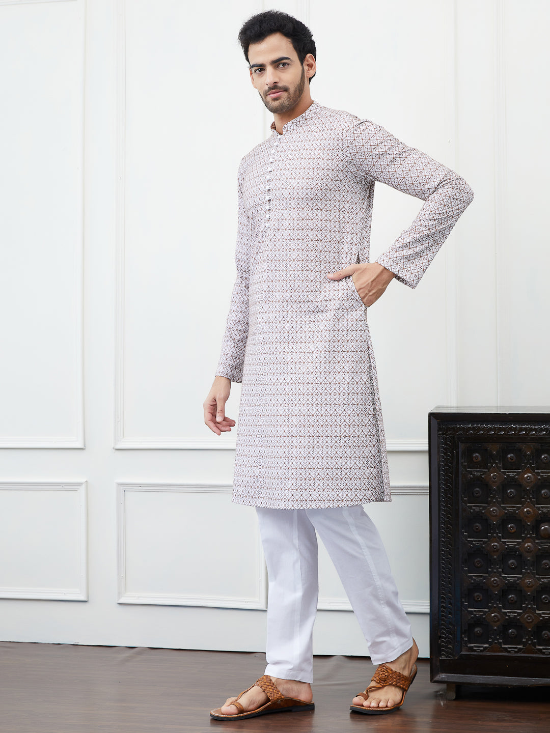 Men Cream And Brown Chikankari Embroidered Cotton Kurta